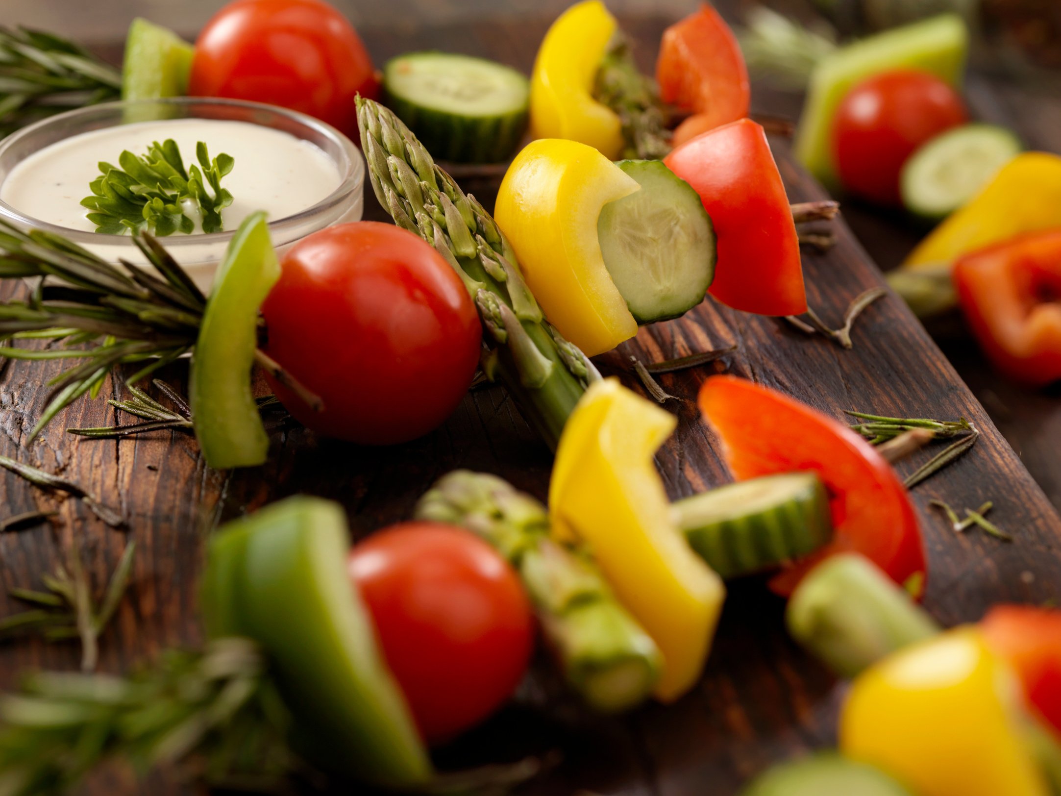 Raw, Rosemary Vegetable Skewers with Dip